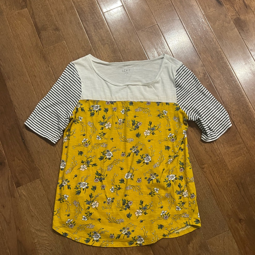 LOFT Yellow Floral Top with Striped Sleeves